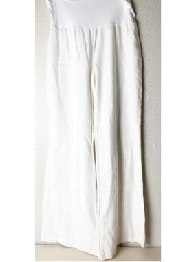 Women's Linen Blend Love Tree White Wide Leg Pants Foldover Waistband L Summer